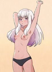1girl armpits arms_up black_panties fire_emblem:_three_houses half-closed_eyes lysithea_von_ordelia navel nipples overused23 panties pink_eyes simple_background smaller_male solo white_hair