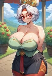 1girls ai_generated big_breasts breasts cleavage clouds collarbone dress exposed_shoulders female glasses gown highres large_breasts light-skinned_female nintendo outside purah purah_(tears_of_the_kingdom) red_eyes red_glasses sheikah skin_tight smile solo tears_of_the_kingdom the_legend_of_zelda white_hair