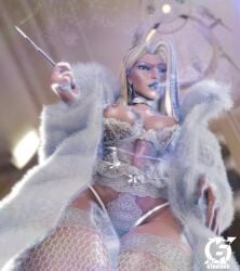 3d blonde_female blonde_hair blue_eyes blue_lipstick blue_nails breasts breasts_out cigarette cigarette_holder earrings emma_frost emma_frost_(marvel_rivals) female female_only fishnet_legwear fishnets fur_coat light-skinned_female light_skin lingerie long_hair looking_at_viewer looking_down marvel marvel_rivals otaviox6 pierced_nipples piercing sexy_lingerie smoking standing white_lingerie