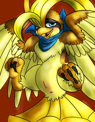 anus avian beak bird blue_eyes blush chest_tuft cute female fur hair half-closed_eyes nintendo open_mouth pidgeot pokemon pussy scarf shiny_pidgeot shiny_pokemon smile spreading talons tongue tuft video_games wings zephyrowl