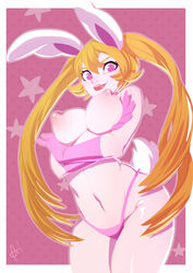 alanscampos anthro blonde_hair breasts female fur furry gloves hair lagomorph long_hair looking_at_viewer mammal navel nipples panties playfurry puffy_nipples rabbit smile solo standing underwear white_fur