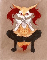 anthro blush braixen breasts canine claws crouching female fennec feral fox fuchs gaping gaping_pussy hi_res looking_at_viewer mammal multi_breast navel nintendo nipples pokémon_(species) pokemon pokemon_(species) pussy pussy_juice red_eyes solo video_games wet wet_pussy