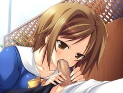 blush brown_eyes clothing fellatio female game_cg open_mouth oral penis short_hair softhouse_seal source_request touma_reina uncensored