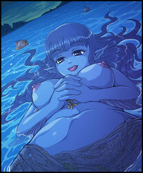 anko_(karbo) areolae blue_eyes blue_hair blue_skin breasts color felarya female half-closed_eyes karbo large_breasts male mermaid nipples nude purple_nipples