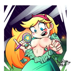 artist_request blush body_hair bodysuit breasts closed_eyes clothing disney eyes eyeshadow female female_only hair hands headband long_hair magic nipples open_mouth royal_magic_wand solo star_butterfly star_vs_the_forces_of_evil straight_hair wand yellow_hair