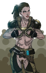 1girls armor belt bernadette_mataki black_eyes blush braids brown_eyes brown_hair chaps cleavage female female_only fingerless_gloves ganassa gears_of_war gloves looking_at_viewer microsoft midriff muscle muscular muscular_female navel no_panties pubic_hair pussy scar solo solo_female standing tattoo