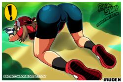 1girls all_fours ass bandana big_ass bike_shorts brown_hair cameltoe dat_ass female female_only gloves human human_only iruden looking_at_viewer looking_back may_(pokemon) nintendo outdoors pokemon presenting solo top-down_bottom-up wide_hips