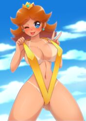 1girls bikini bikini_tan blue_eyes blush breasts brown_hair cleavage clouds crown earrings female female_only hair human large_breasts looking_at_viewer mario_(series) navel nintendo outdoors pastelletta princess_daisy sky sling_bikini smile solo standing swimsuit tan tanline tanlines tongue v wink