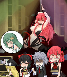 >_< 5girls :p :t =_= adapted_costume alternate_costume alternate_hairstyle anger_vein annoyed aoshima bare_shoulders black_hair blonde_hair book braid demon demon_girl demon_tail eating erect_nipples eyewear female fingerless_gloves food glasses gloves green_hair hat head_wings highres human humanoid knife koakuma long_hair marisa_kirisame masturbation multiple_females multiple_girls naughty_face necktie pole pole_dancing potato pussy_juice pyonta red_eyes red_hair reimu_hakurei sakuya_izayoi sanae_kochiya shaded_face short_hair silver_hair sleeveless stripper succubus sweatdrop sweet_potato tail tail_masturbation team_shanghai_alice text the_embodiment_of_scarlet_devil thighhighs tongue touhou twin_braids witch_hat wrist_cuffs youkai |_|