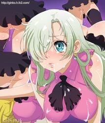 ass blush bottomless breasts bukkake cum cum_in_mouth cum_on_body cum_on_breasts cum_on_upper_body dated elizabeth_liones facial female ginko_(silver_fox) long_hair nanatsu_no_taizai open_mouth pussy pussy_juice solo uncensored waitress_uniform watermark web_address