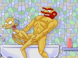 2boys age_difference anal anal_penetration anal_sex artist_request bath bathroom bathtub beard boner cartoony cum_in_ass cum_splatter erect_nipples erection facial_hair gay gray_hair groundskeeper_willie holding_hips human male_only montgomery_burns mouth_open mustache nude older_male red_hair sex standing_doggy_style the_simpsons thrusting_into_ass yaoi yellow_skin