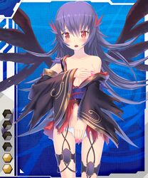 blush covering_breasts detached_sleeves dress embarrassed female homura_yuni lilith-soft minasaki_(taimanin_asagi) nipples official_art panties purple_hair small_breasts tagme taimanin_(series) taimanin_asagi_battle_arena taimanin_asagi_battle_arena_all_card_gallery torn_clothes wings