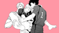 3boys anal anal_penetration anal_sex black_hair bottomless brothers carrying censored clothed_sex clothes_writing double_anal gay grin group_sex haikyuu!! incest kuroo_tetsurou leg_grab leg_lift legs_held_open looking_at_another male male_only monochrome mosaic_censoring multiple_boys multiple_insertions no_pants open_mouth pink_background pointless_censoring sex shirt_grab short_hair siblings smile sportswear spread_legs standing sweat tears threesome tsukishima_akiteru tsukishima_kei volleyball_uniform yaoi zoe_(qazwsx1493)