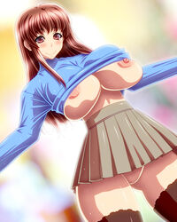 286c breasts brown_eyes brown_hair censored curvy female female highres huge_breasts legwear long_hair miniskirt nipple_slip nipples no_bra no_panties original pussy shirt shirt_lift skirt smile solo standing thighhighs upskirt