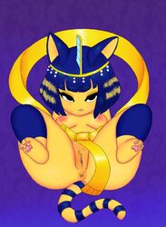 animal_crossing ankha anthro anus breasts egyptian eliza_(skullgirls)_(cosplay) felid feline felis female fur furry furry_only looking_at_viewer mammal nintendo nipples nude open_mouth plain_background presenting pussy ribbons skullgirls solo spread_legs spreading tail video_games