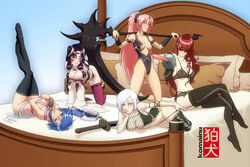 3_eyes 5girls agarest_senki all_fours anesha aqua_(kingdom_hearts) armlet ayano_(luminous_arc) bare_shoulders bed black_legwear blue_eyes blue_hair blush bra breasts cross_edge crossed_legs crossover detached_sleeves elbow_gloves facial_mark fingerless_gloves garter_straps gloves hair_over_one_eye hair_tubes hand_on_own_face harem keyblade kingdom_hearts kneeling komainu_(artist) large_breasts legs_up leotard looking_at_viewer luminous_arc luminous_arc_2 lying medium_breasts megami_tensei mitsuru_kirijo multi_eye multiple_girls necklace nipples on_back on_stomach panties panty_pull persona persona_3 pink_hair ponytail purple_hair purple_legwear record_of_agarest_war red_eyes red_hair sash scythe see-through sitting sitting_on_bed smile sunglasses sword thighhighs tied_hair vira-lorr_(agarest_senki) weapon white_hair yellow_eyes