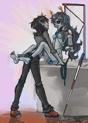 2girls black_hair blue_lips bondage breasts cane clothed color eye_patch female glasses grey_skin homestuck horns long_hair ms_paint_adventures nude pointy_ears pussy_juice robotic_arm rope short_hair small_breasts teal_lipstick terezi_pyrope troll vriska_serket yuri