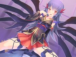 1boy blush detached_sleeves dress female homura_yuni lilith-soft minasaki_(taimanin_asagi) official_art purple_hair small_breasts taimanin_(series) taimanin_asagi_battle_arena thigh_strap wings