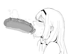 1girls 2d absurd_res an-94_(girls'_frontline) black_and_white drooling eyes_closed food franklink123211 girls'_frontline highres hot_dog imminent_oral monochrome phallic_symbol saliva sexually_suggestive solo steam