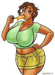 amira_(glassfish) big_breasts brown_eyes brown_hair brown_lips dark-skinned_female dark_skin female female_only glassfish green_blouse hand_on_hip licking_popsicle looking_up popsicle short_hair solo_female thick_thighs voluptuous white_background wide_hips yellow_shorts