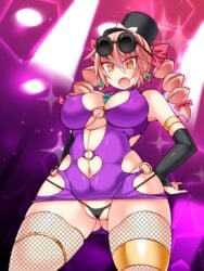 between_labia breasts curvy female hat hisui_(stapspats) innie_pussy jo'on_yorigami large_breasts lingerie long_hair nipples partially_visible_vulva shiny shiny_skin stapspats thighs thong touhou twintails