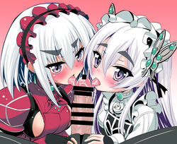 1boy 2girls bar_censor blush breasts butterfly_hair_ornament censored chaika_bogdan chaika_trabant collaborative_fellatio dress earrings fellatio fingerless_gloves frills gloves hair_ornament hair_ribbon hairband hasemi_ryou hitsugi_no_chaika jewelry licking lolita_hairband long_hair multiple_fellatio multiple_girls oral penis purple_eyes ribbon saliva short_hair silver_hair sweatdrop teamwork tongue tongue_out