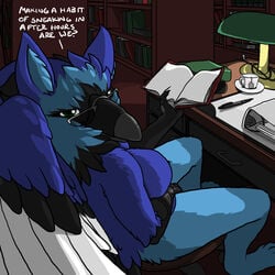 anthro avian beak bleuhawke book breasts caught clothing desk eyewear female glasses gryphon librarian library masturbation sitting spread_legs