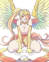 :3 after_fellatio aqua_eyes armor bare_shoulders bat_wings bird_tail blonde_hair blush blush_stickers bowl breast_squeeze breasts breasts_out china_dress chinese_clothes cleavage_cutout cum cum_in_mouth cum_on_body cum_on_breasts cum_on_upper_body dress elbow_gloves feathered_wings feathers female fingerless_gloves gloves in_bowl in_container large_breasts leilan_(p&d) long_hair multicolored_hair nipples nishino_(waero) no_bra open_mouth orange_hair panties pantyshot pantyshot_(sitting) pet_bowl pink_panties ponytail puzzle_&_dragons side_ponytail simple_background sitting sleeveless sleeveless_dress solo star tail tamadra tiara tied_hair underwear white_background wings yellow_dress yellow_gloves