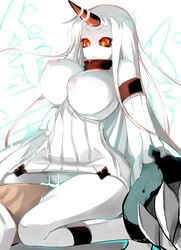 1boy bare_shoulders blush breasts claws cowgirl_position detached_sleeves energy_drain female femdom glowing glowing_eyes highres horn kantai_collection large_breasts long_hair nipples pale_skin red_eyes seaport_hime sex shiki_(psychedelic_g2) shinkaisei-kan sideboob white_hair