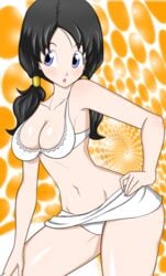 1girls areola aykoll bikini black_hair blue_eyes blush bra cleavage dragon_ball dragon_ball_z eyelashes eyeliner female female_only human milf nipples panties solo tied_hair twintails videl voluptuous