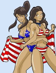 2girls american_flag american_flag_bikini avatar_legends avatar_the_last_airbender brown_hair dark-skinned_female dark_skin female female_only human inspector97 katara korra large_breasts multiple_females nickelodeon swimsuit the_avatar the_legend_of_korra water_tribe