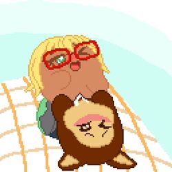 animal_ears anthro blonde_hair blush brown_fur cum cum_in_pussy cum_inside doctor_healmore eyelashes female fur ghandi_(kirby) glasses green_eyes holding_hands interspecies kirby kirby_(series) laying_down laying_on_bed open_mouth orange_skin orgasm original_character pixel_art pleasure_face pleasured pussy red_glasses shoes shy_ayu sparkling_eyes team_kirby_clash_deluxe tiki_(waddle_dee) vaginal_penetration waddle_dee