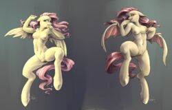 2014 anthro anthrofied audrarius blush breasts cyan_eyes duo equine fangs female flutterbat_(mlp) fluttershy_(mlp) friendship_is_magic fur hair hi_res horse long_hair looking_at_viewer mammal my_little_pony nipples nude pegasus pink_hair plain_background pony pussy red_eyes smile straight_hair wings yellow_fur