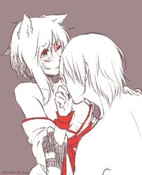 1boy amaterasu animal_ears breasts capcom cleavage dante devil_may_cry female gijinka kissing marvel marvel_vs._capcom marvel_vs._capcom_3 okami personification shirtless white_hair