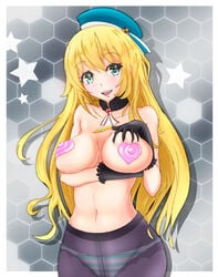 atago_(kantai_collection) blonde_hair blush breast_hold breasts gloves green_eyes hat kantai_collection monte nipples panties panties_under_pantyhose pantyhose pasties pink_heart_pasties pink_pasties striped striped_panties topless