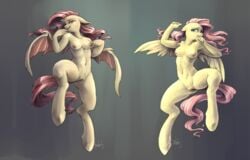 2014 anthro anthrofied audrarius blush breasts cyan_eyes duo equine fangs female flutterbat_(mlp) fluttershy_(mlp) friendship_is_magic fur hair hi_res horse long_hair looking_at_viewer mammal my_little_pony nipples nude pegasus pink_hair plain_background pony pussy red_eyes smile straight_hair wings yellow_fur