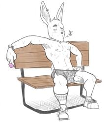 1boy anthro clothing condom ear_piercing erection fur furry lagomorph male male_only mammal monkeysuit nipple_piercing nipples penis piercing public rabbit shorts solo sweat