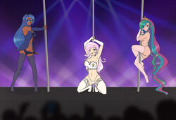 3girls ass audience bare_shoulders black_legwear blue_eyes blue_gloves blue_hair breasts choker cleavage dark_skin earrings elbow_gloves female female_only fingerless_gloves fleur_de_lis_(mlp) friendship_is_magic gloves hasbro highleg highleg_panties highres human human_only humanized kneeling lingerie long_hair multicolored_hair multiple_girls my_little_pony navel panties panty_pull personification pink_eyes pink_gloves pink_hair pink_legwear pole_dancing princess_celestia_(mlp) princess_luna_(mlp) purple_eyes scorpdk smile standing stripper_pole tattoo thighhighs tiara translucent_hair two_tone_hair very_long_hair when_you_see_it white_gloves white_hair white_legwear wink