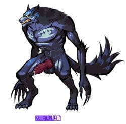 abs angry animal_genitalia anthro balls big_penis blue_fur canine canine_penis claws clenched_teeth digitigrade dripping erect_penis fur knot long_arms male male_only mammal muscles orange_eyes original_character penis precum s-purple scar solo teeth transparent_background wolf