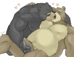 anthro bear black_nose chubby dripping duo erection fur furry gay green_eyes handjob heart kissing male mammal megawaffle_(artist) nude penis precum saliva tongue uncut