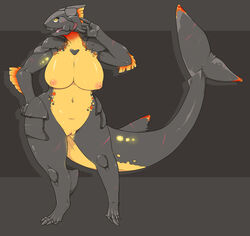 2014 anthro barefoot big_breasts breasts claws fish happy hybrid koi looking_at_viewer marine navel nipples nude open_mouth pose pussy shark smile standing teeth toe_claws tongue tyramish