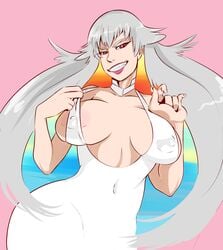 alternate_hairstyle breasts clenched_teeth covered_nipples dress erect_nipples female highres kill_la_kill kiryuuin_ragyou large_breasts long_hair looking_at_viewer milf multicolored_hair nipples no_bra pink_background simple_background smile solo strap_pull sunnysundown very_long_hair