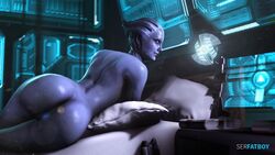 1girls 3d asari ass back_view bed big_ass blue_eyes female female_only glyph_(mass_effect) liara_t'soni looking_at_viewer looking_back mass_effect nude serfatboy smile solo source_filmmaker