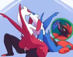 anthro balls bisexual cum cunnilingus female group group_sex kissing latias latios male nintendo oral oral_sex orgasm penetration penis pokemon pokemon_(species) pussy reverse_spitroast sex soapmonster threesome tongue vaginal_penetration video_games zoroark