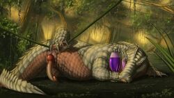 alcohol anatomically_correct animal_genitalia beverage crocodile dirty erection jackrow lying male outside penis presenting red_eyes reptile scales scalie solo spread_legs spreading swamp tree wine