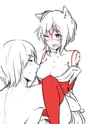 1boy amaterasu animal_ears blush breasts capcom cleavage couple dante devil_may_cry female fingering gijinka marvel marvel_vs._capcom marvel_vs._capcom_3 nipple_licking nipple_sucking okami panties personification saliva white_hair