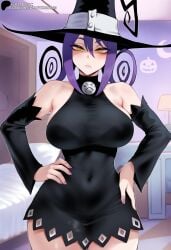 ai_generated blair_(soul_eater) closed_mouth detached_sleeves dress hands_on_hips hi_res highres large_breasts long_hair looking_at_viewer navel primosan purple_hair soul_eater standing witch_hat yellow_eyes