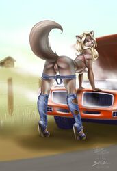 2014 anthro arched_back ass blonde_hair canine car cleavage coyote denim_shorts farm feline female hair high_heels leaning long_hair looking_back mammal open_mouth outdoors pose presenting presenting_hindquarters pussy short_shorts solo yuureikun