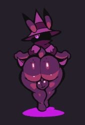 balls berryofmalice hat looking_at_viewer looking_back looking_back_at_viewer purple_body shiny shiny_ass shiny_balls shiny_body shiny_skin small_tail tail witch witch_hat