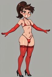 1boy 1femboy ai_generated armwear brown_eyes brown_hair bulge femboy femboy_focus femboy_only flat_chest full_body high_heels legwear male_only marco_diaz micro_bikini ponytail smiling_at_viewer standing star_vs_the_forces_of_evil thick_thighs wide_hips